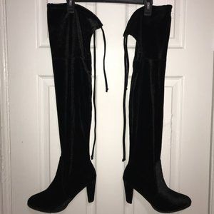 Black Velvet Over the Knee Heeled Boots